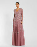 Berry Embellished Wrap Over Illusion Long Sleeve A Line Gown
