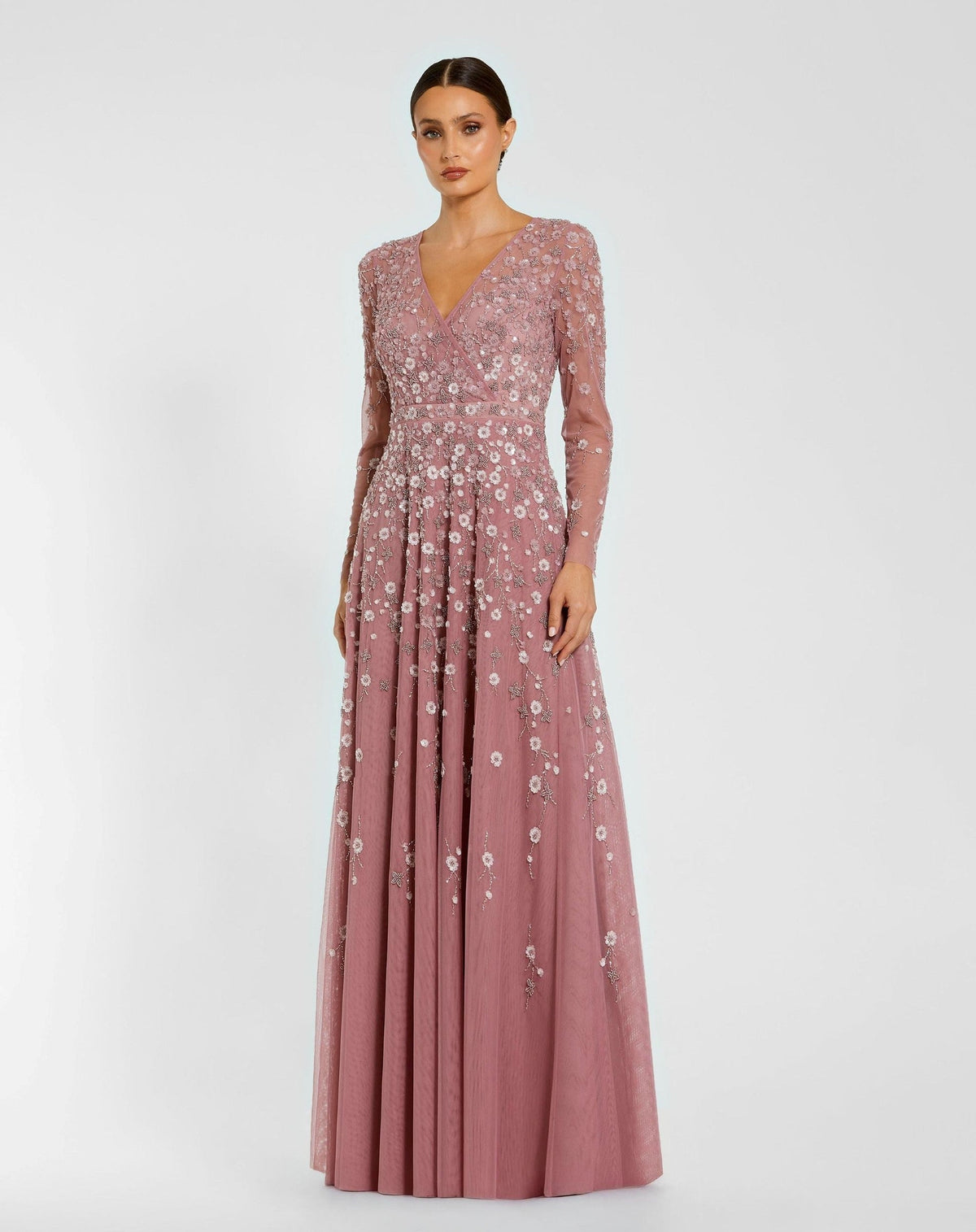 Berry Embellished Wrap Over Illusion Long Sleeve A Line Gown