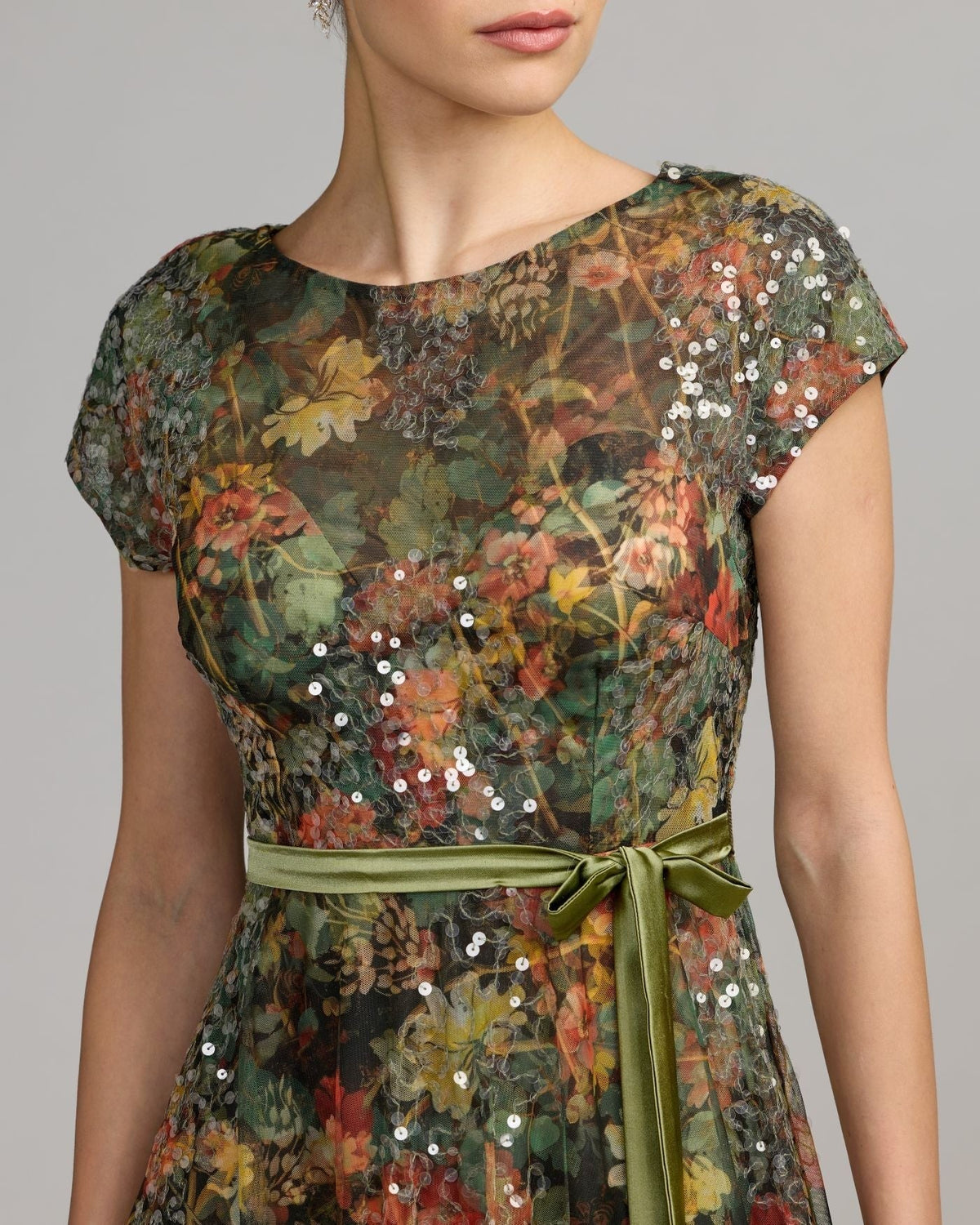 Petite Charcoal Multi Floral Cap Sleeve A-Line Gown