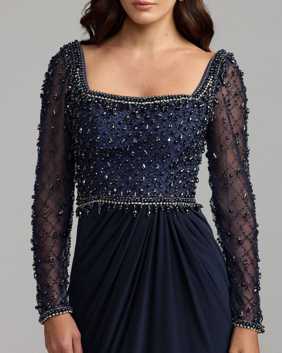Midnight Embellished Illusion Long Sleeve Column Gown
