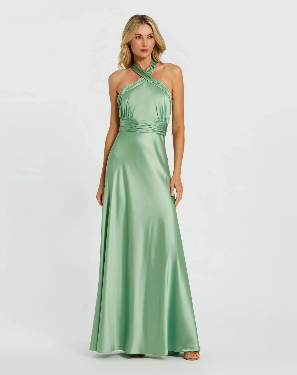 Green Ruched Halter Neck Tie Back Satin Gown