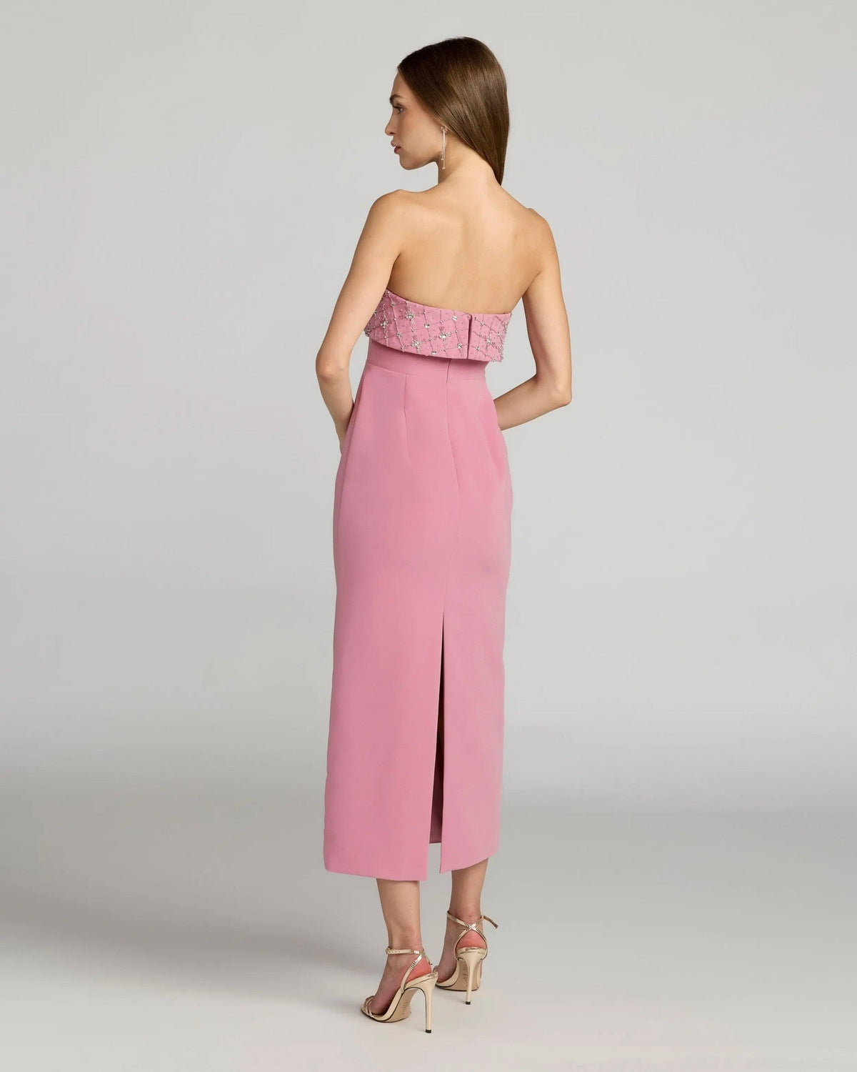 Orchid Strapless Crepe Midi Dress With Rhinestone Detail