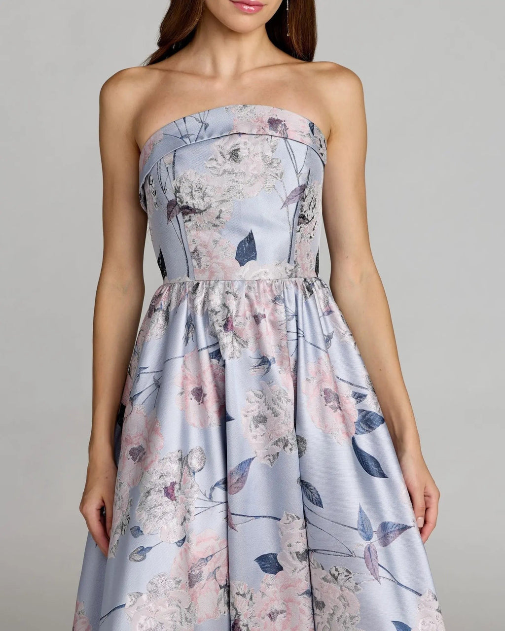 Blue Multi Floral Brocade Strapless Ball Gown
