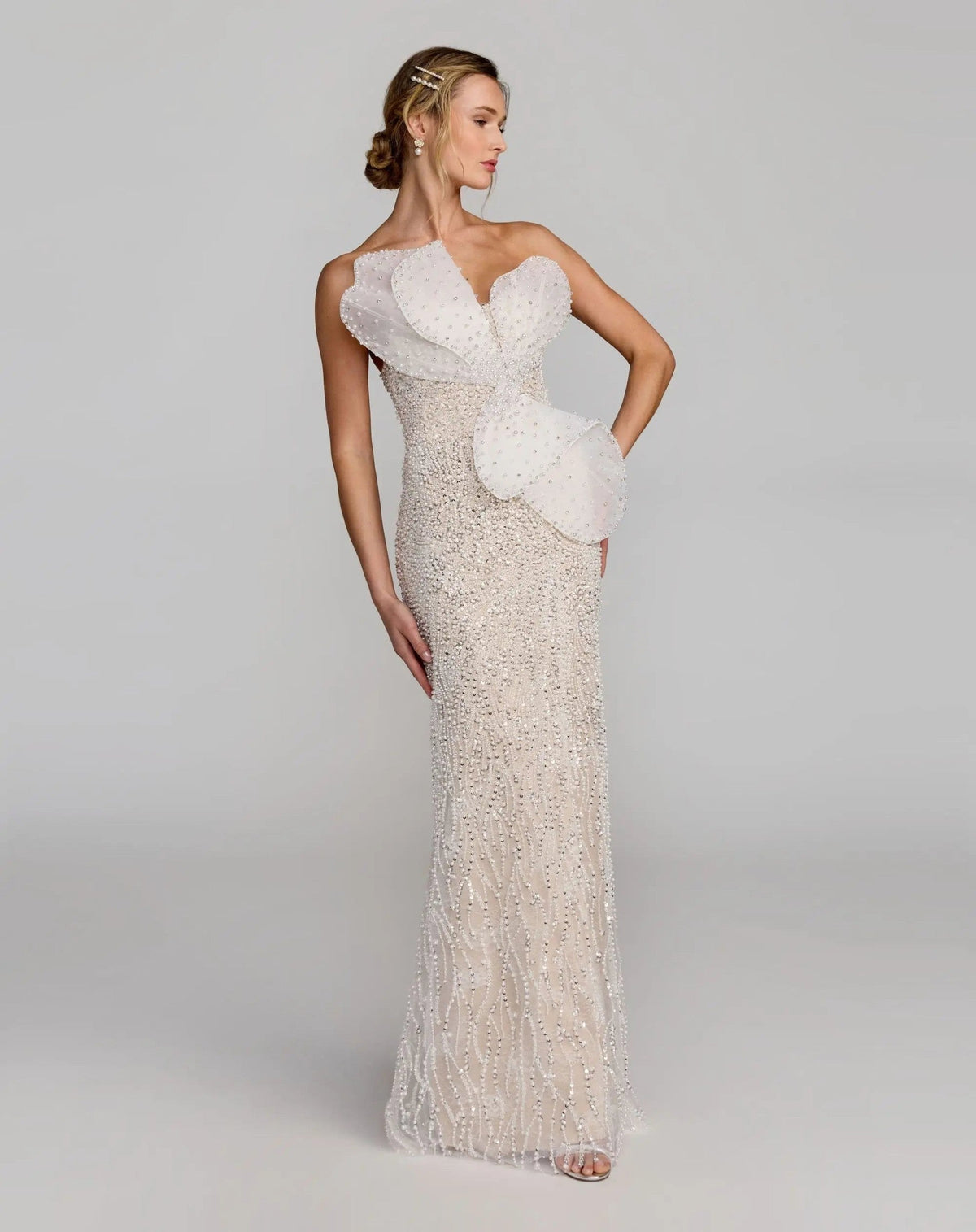 Ivory Nude Strapless Embellished Column Gown With 3D Petals