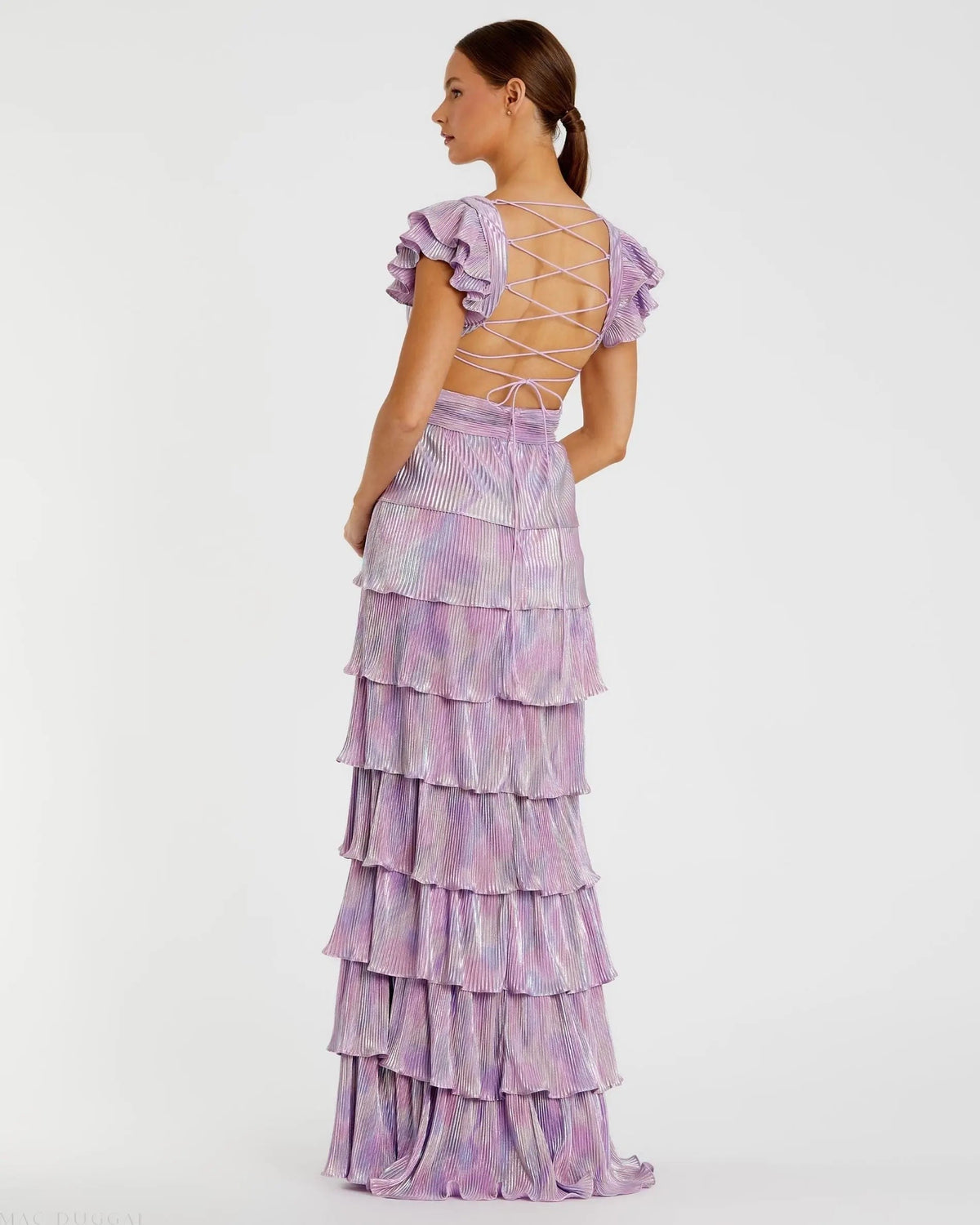 Purple Multi Ruffle Tiered Criss Cross Lace Up Gown