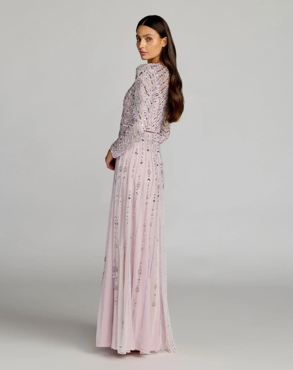 Purple Embellished Long Sleeve Evening Gown