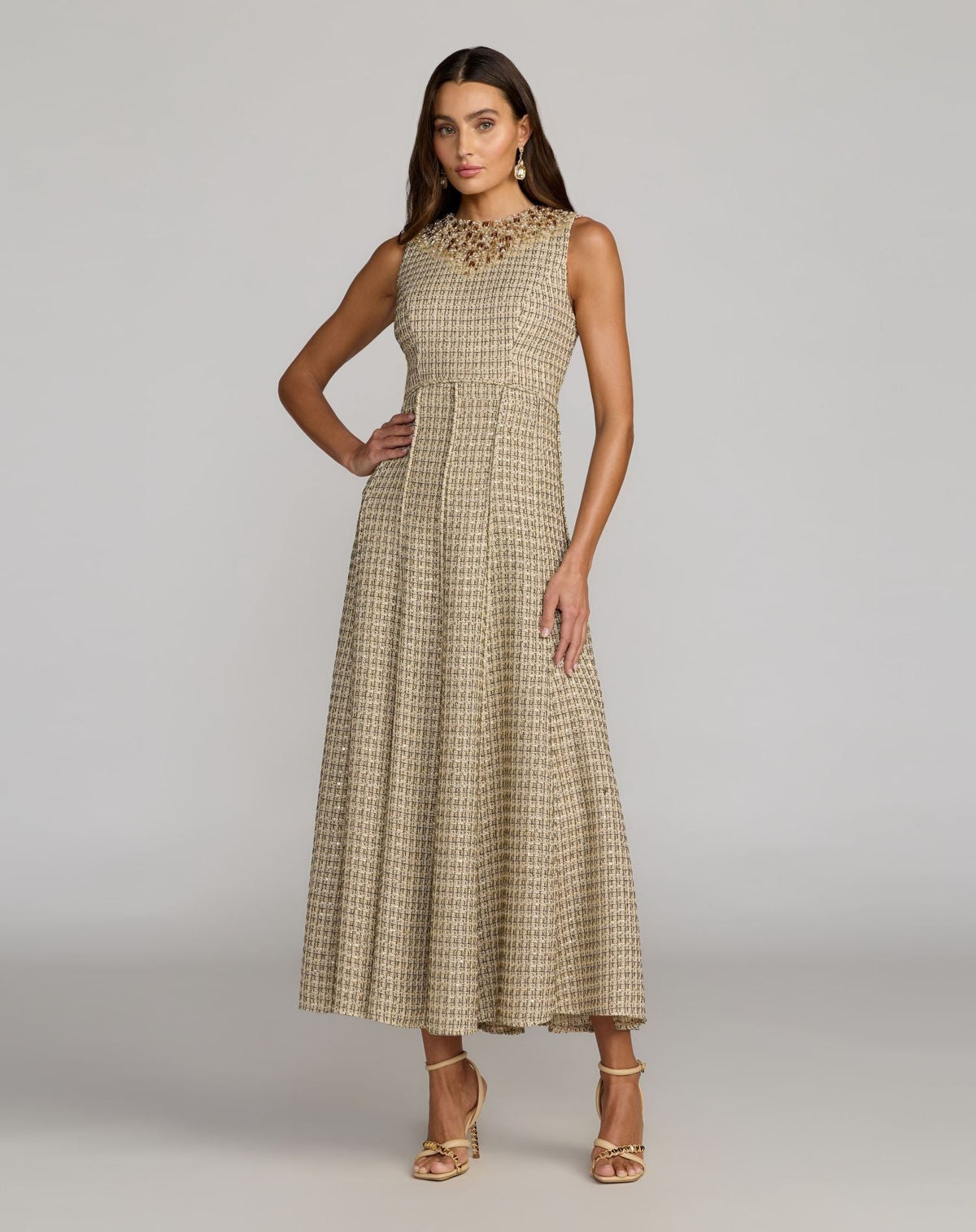 Nude Gold Embellished Boucle Sleeveless A-Line Dress