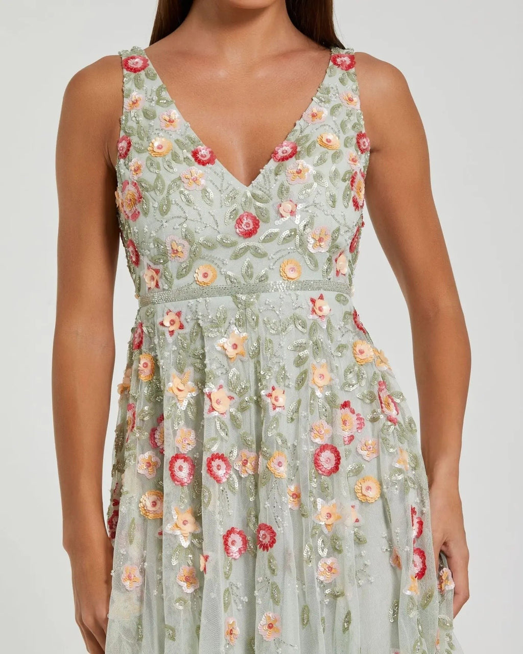 Green V-Neck Sleeveless Midi Floral Beaded A-line Dress