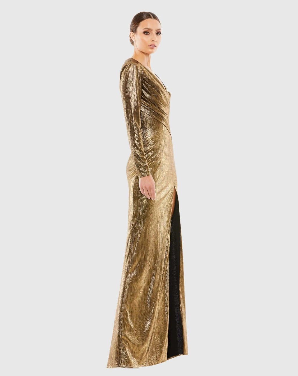 Gold Metallic Long Sleeve Asymmetrical Ruched Gown
