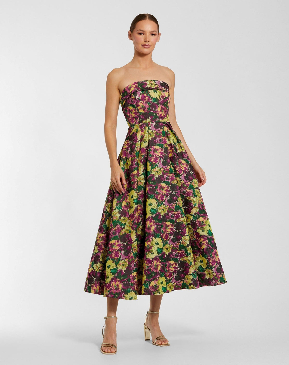Plum Multi Strapless Brocade A-Line Midi Dress