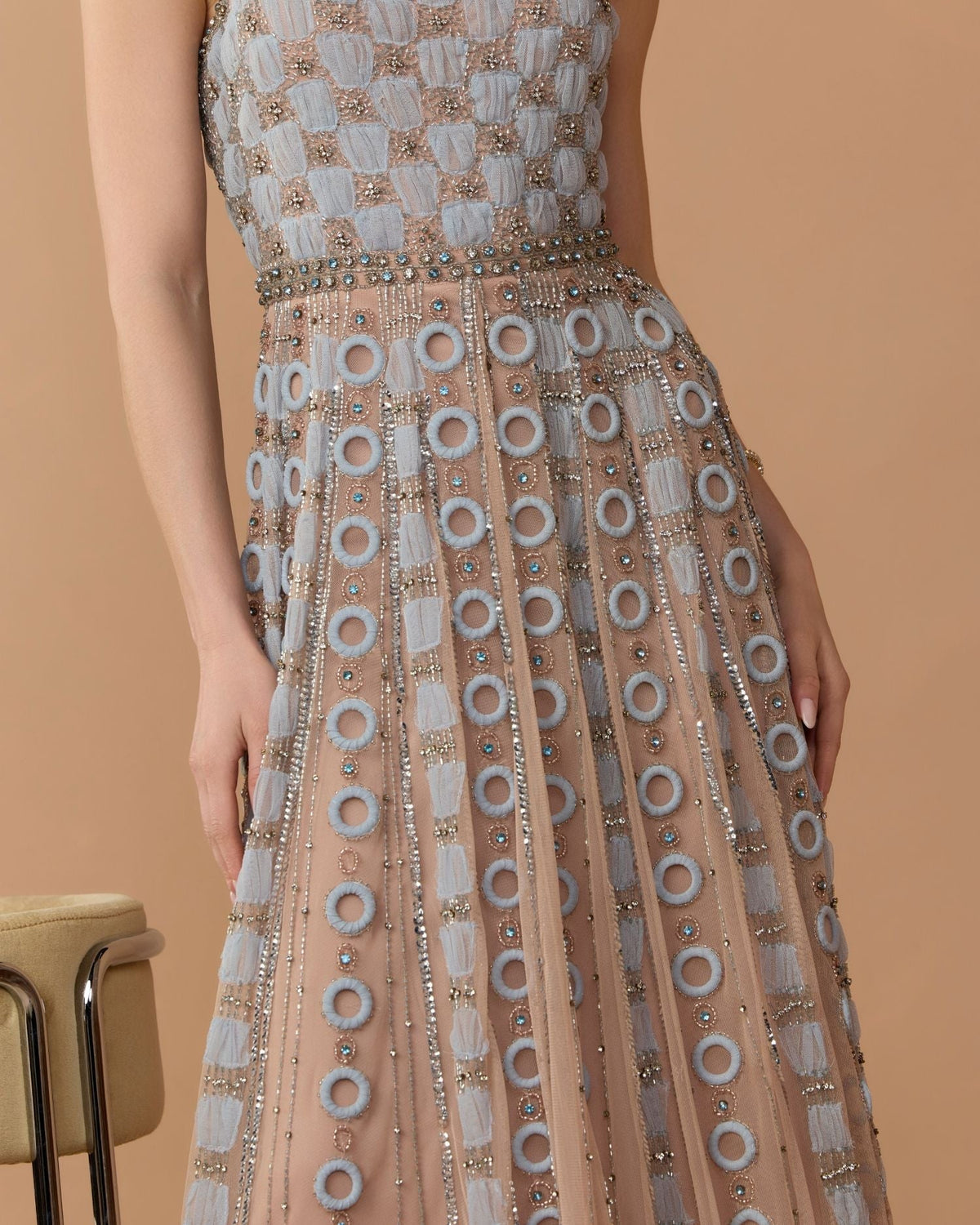 Petite Powder Blue Sleeveless Embellished A-line Gown