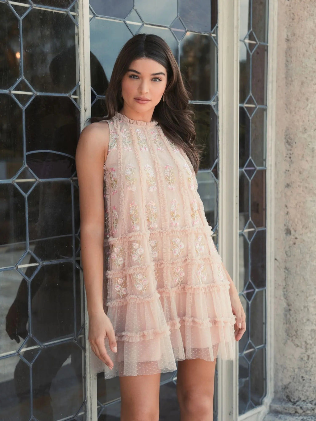 Beige Sleeveless High Neck Beaded Ruffle Mini Dress