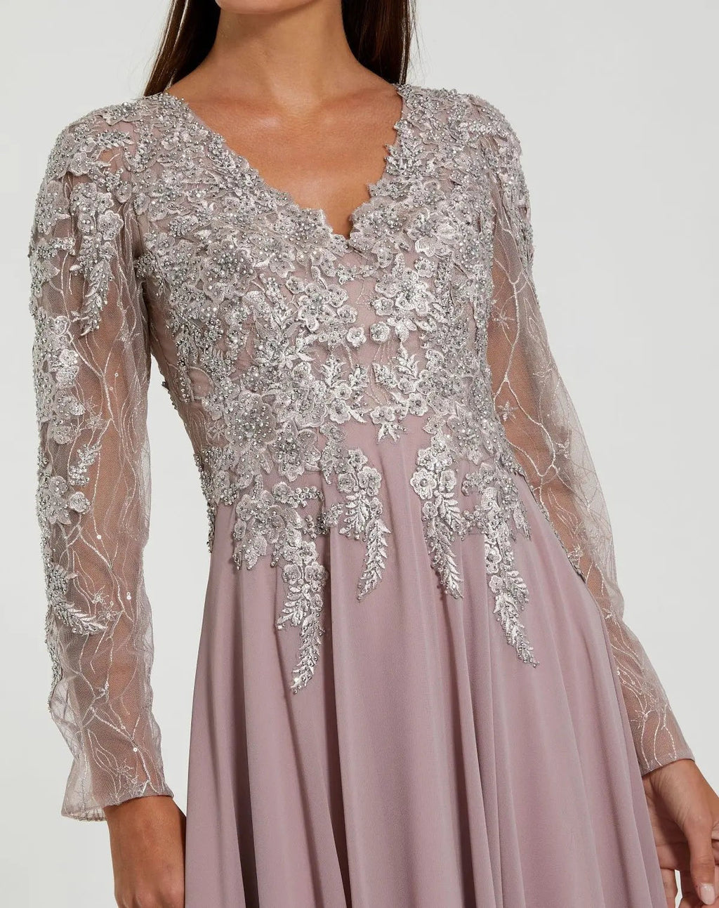 Purple Embellished Illusion V Neck Long Sleeve Gown