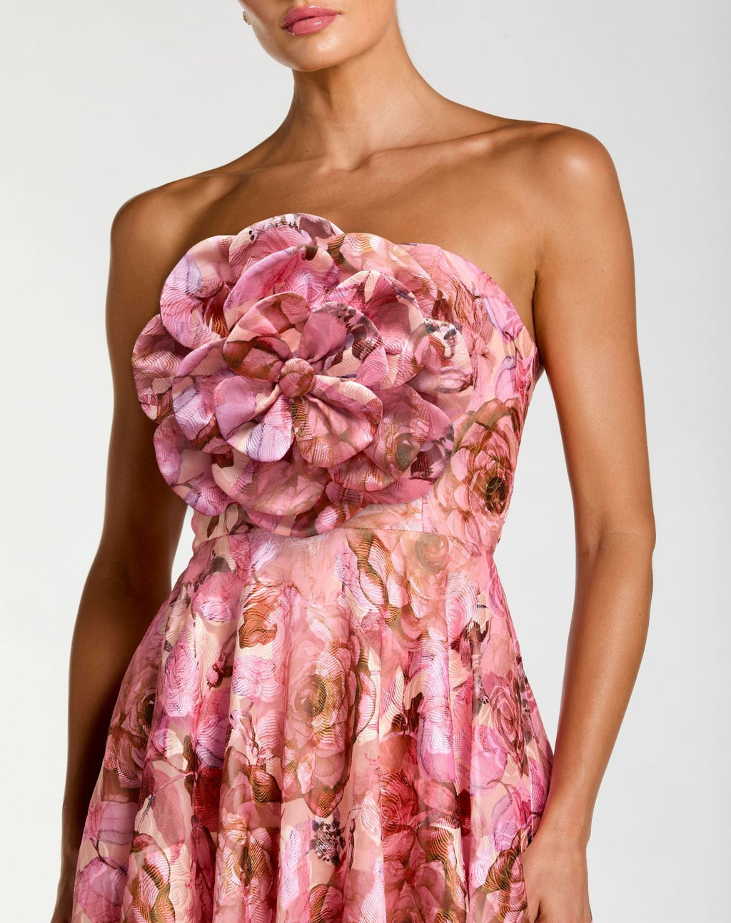 Rose Multi Strapless Floral Printed A-Line Gown With 3D Flower