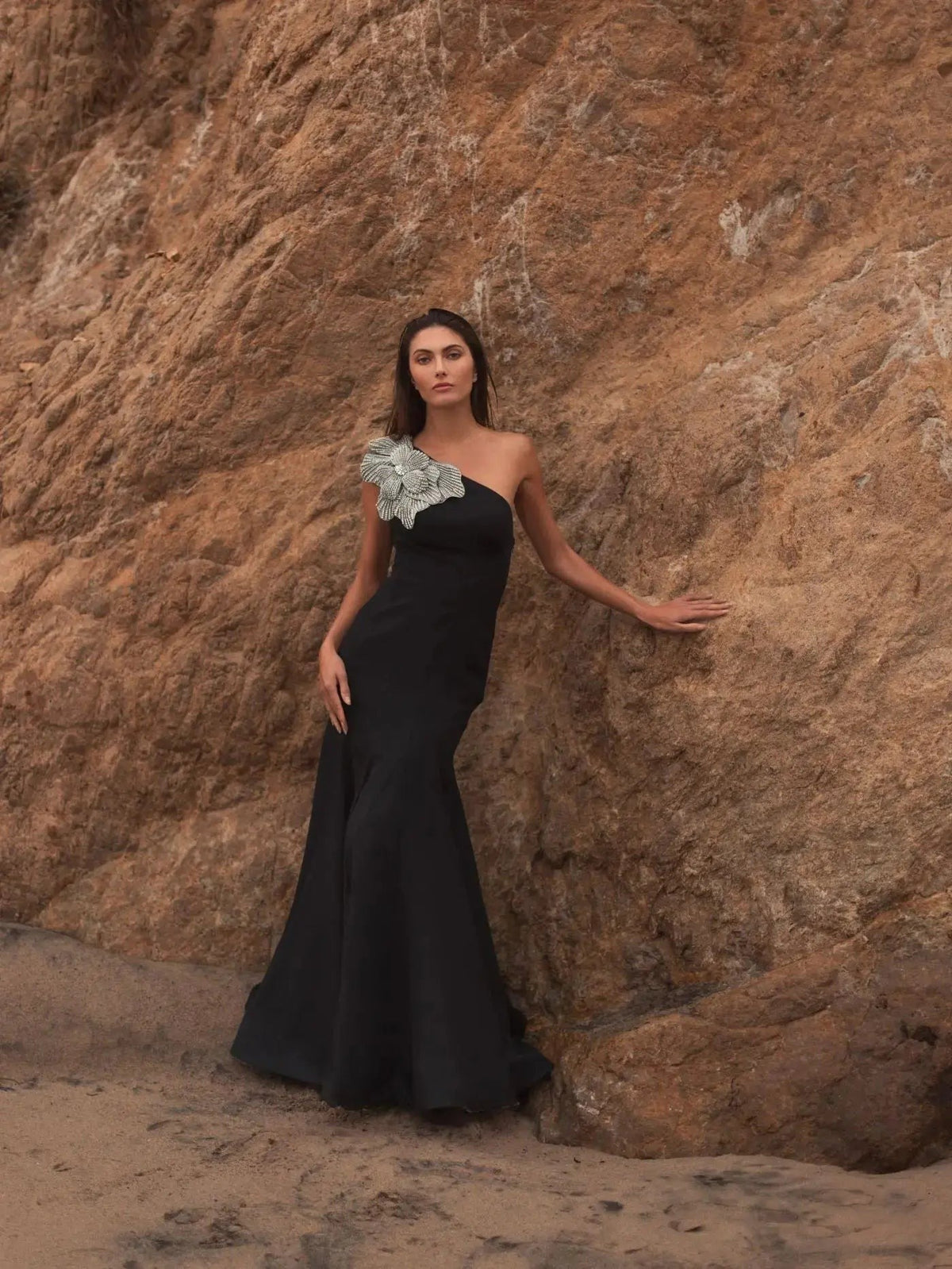 Petite Black One Shoulder Trumpet Gown With Crystal Flower