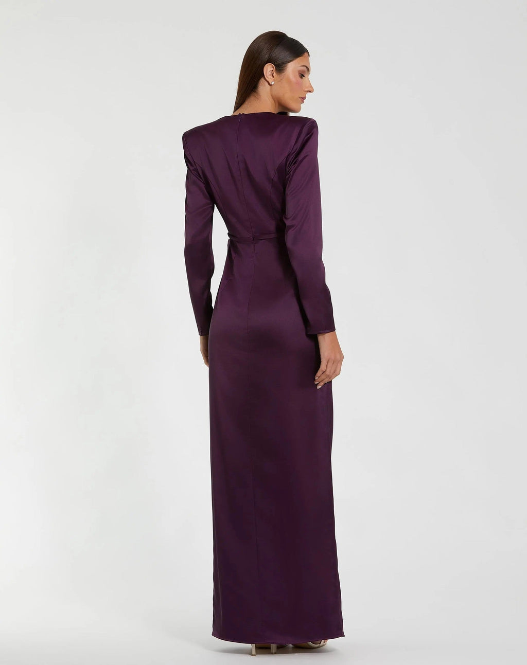 Purple Long Sleeve Structured Bow Draped Column Gown