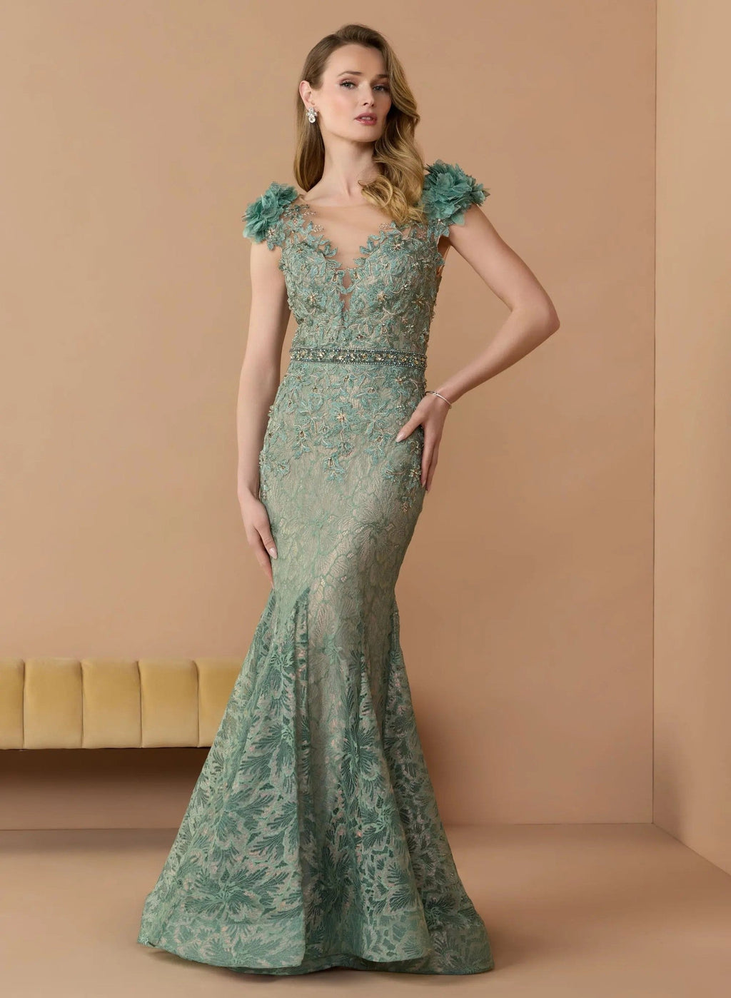 Sage Embellished Lace Illusion Neck Gown With 3D Flowers