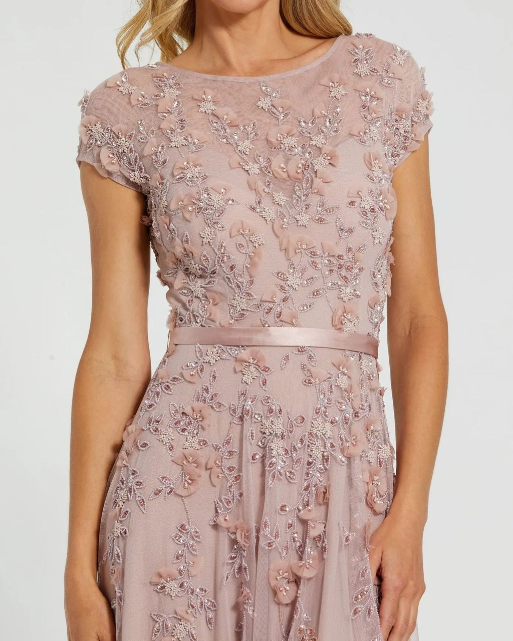 Mocha Floral Embellished Cap Sleeve Gown