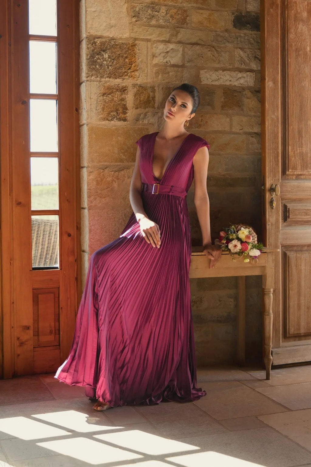 Purple Pleated Plunge Neck Belted A Line Gown