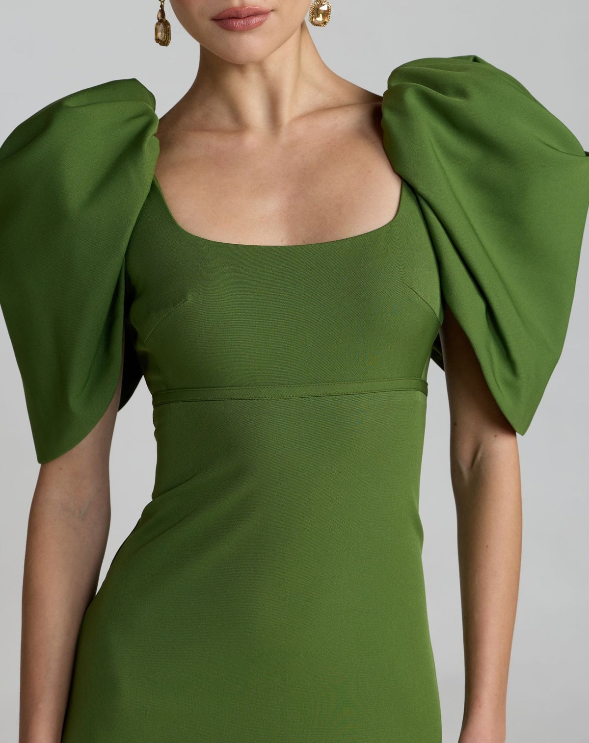 Moss Green Crepe Square Neck Gown With Puff Sleeves