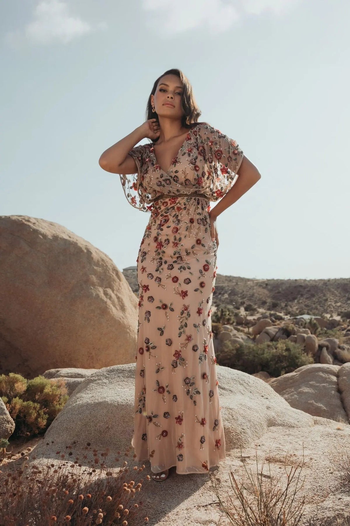 Beige Floral Embellished Short Sleeve Blouson Gown