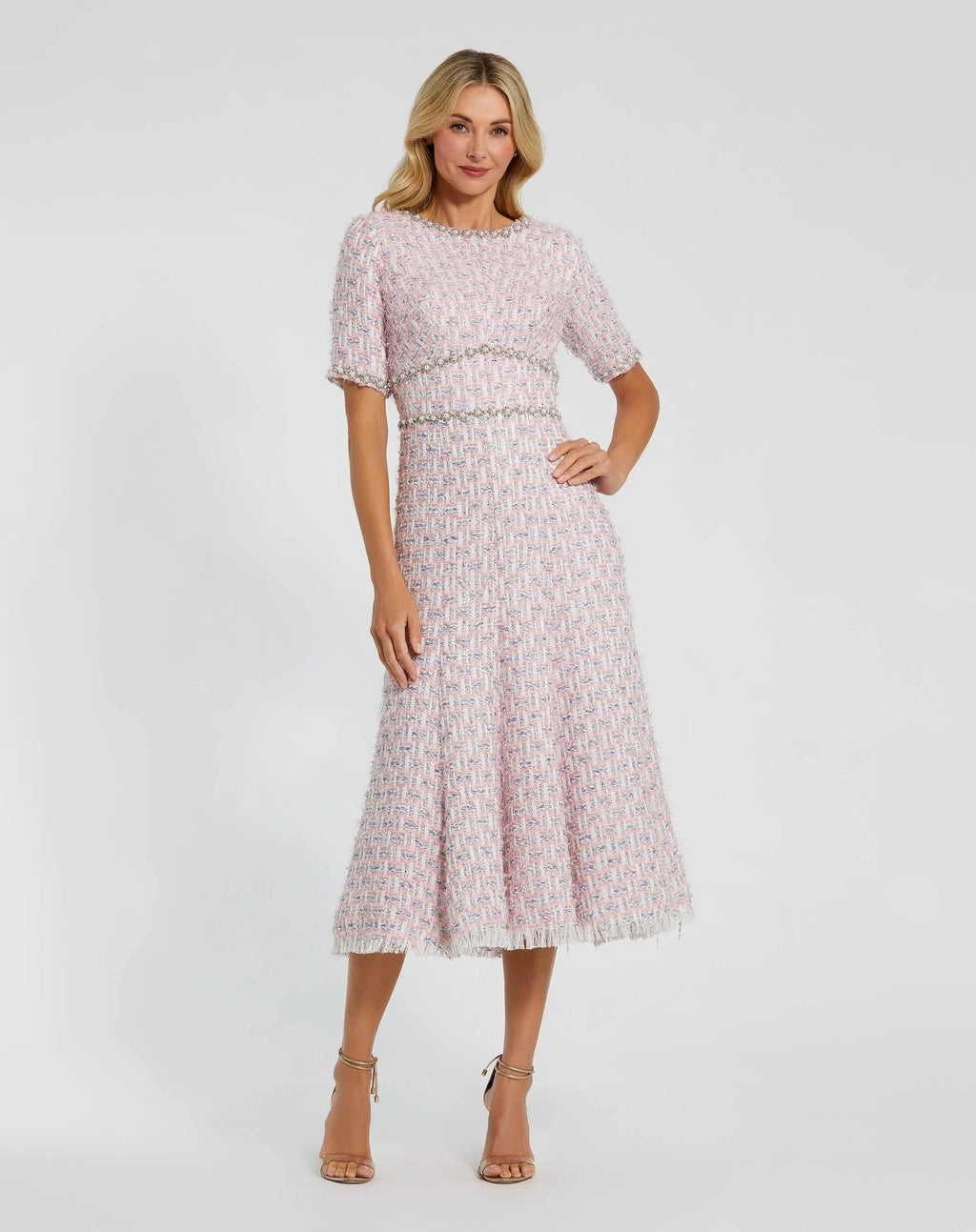 Pink Multi Short Sleeve Beaded Trim Boucle Midi Dress