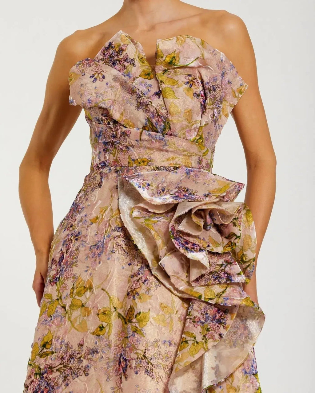 Blush Multi Strapless Floral Ball Gown With Ruffle Detail