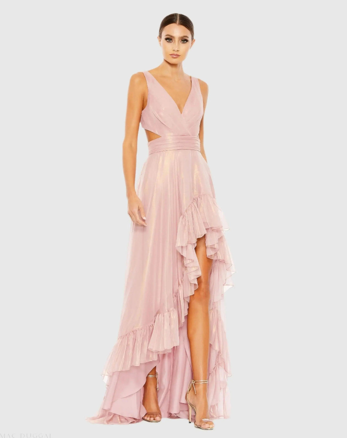 Rose Gold Cut Out High Low Ruffle Gown