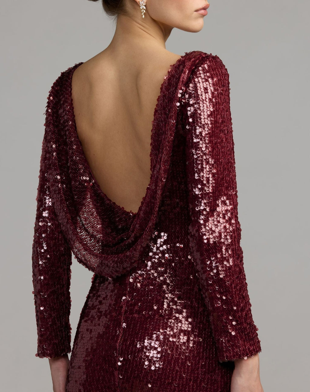 Petite Ruby Long Sleeve Cowl Back Sequin Gown