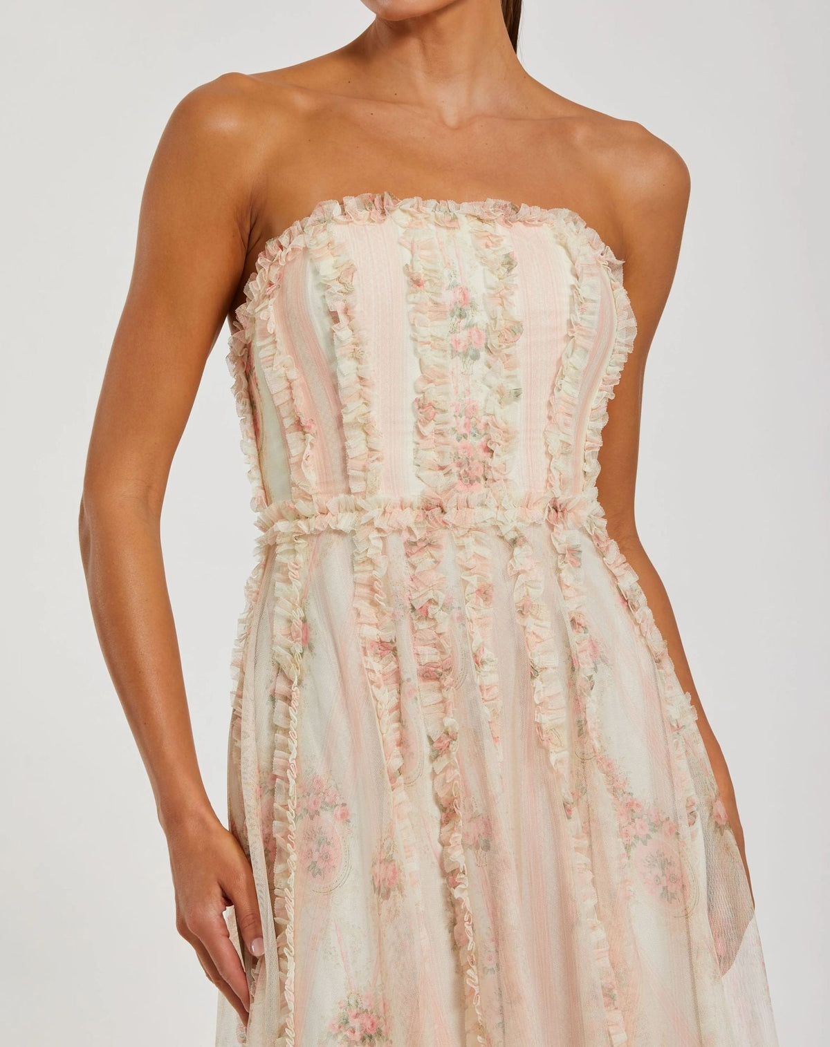 Ivory Multi Strapless Floral Print Ruffle Maxi Dress