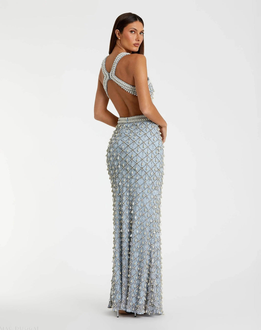 Vintage Blue Pearl Embellished Open Back Gown