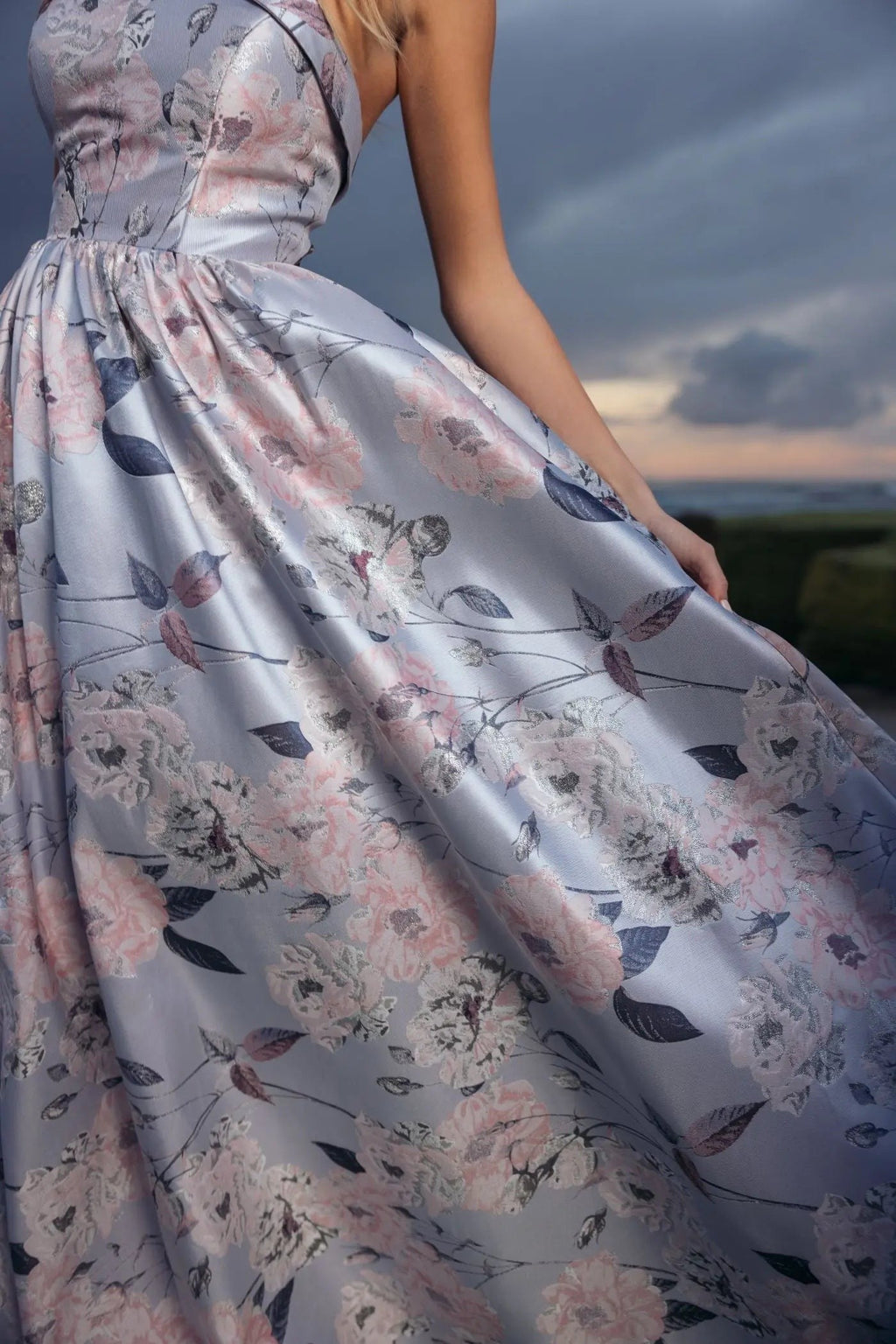 Blue Multi Floral Brocade Strapless Ball Gown