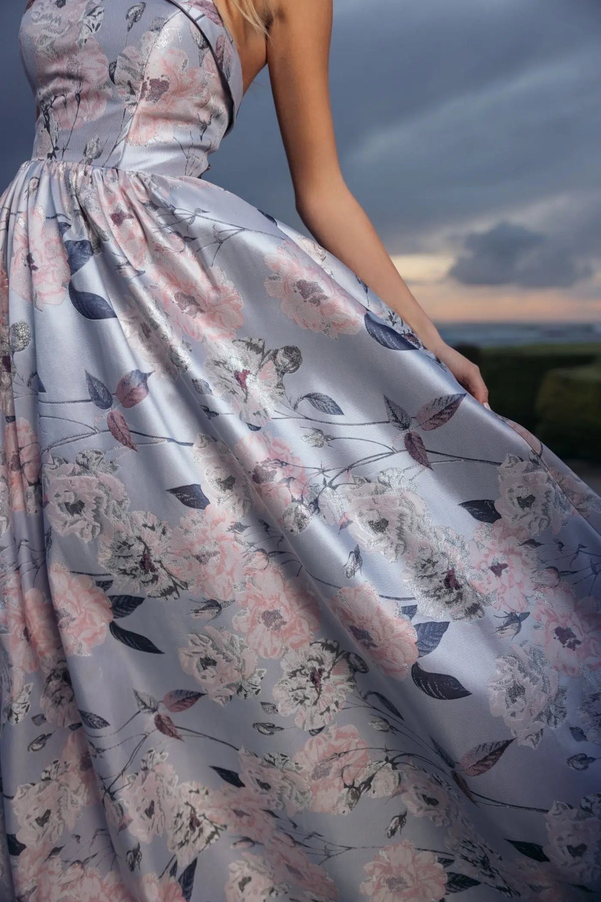 Blue Multi Floral Brocade Strapless Ball Gown