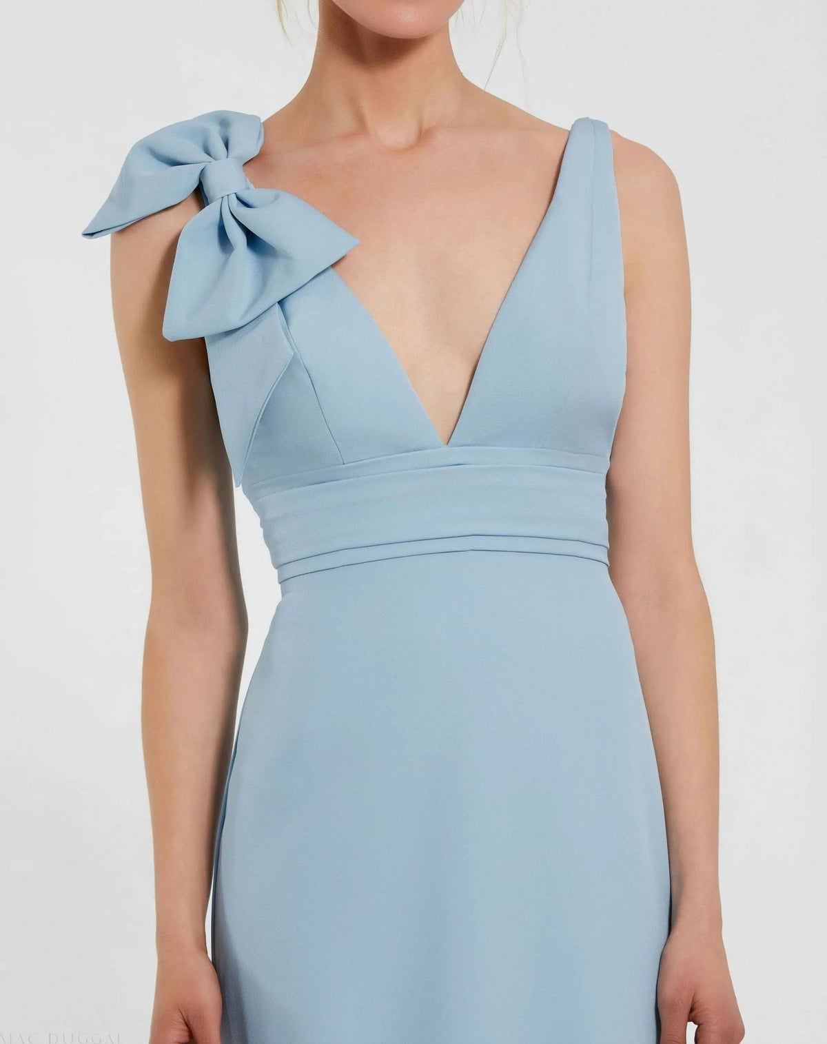 Powder Blue Sleeveless V Neck Bow Detail Mermaid Gown