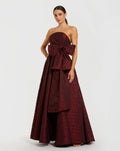 Red Strapless Brocade Gown With Bow Detail