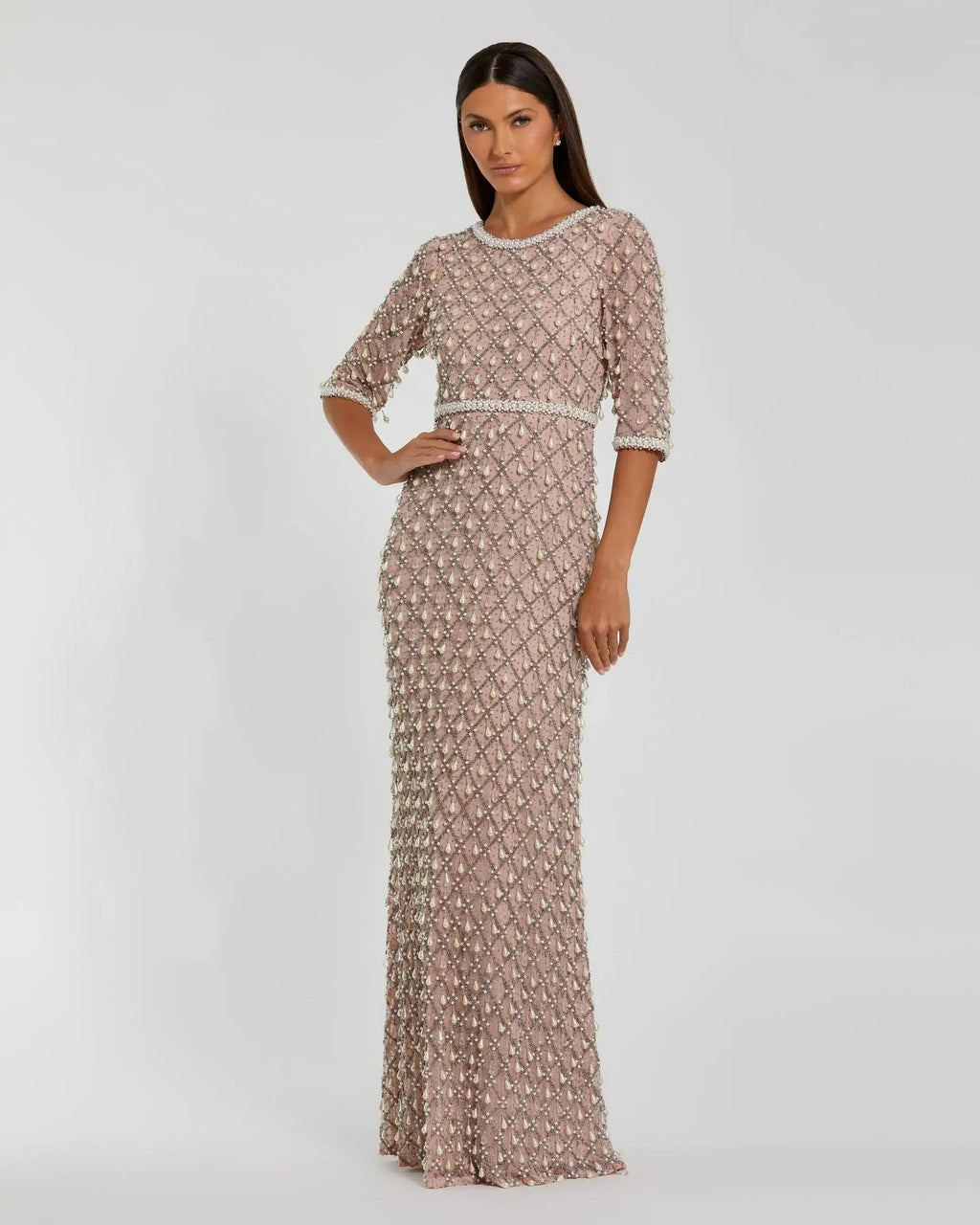 Light Rose Pearl Embellished 3/4 Sleeve Gown