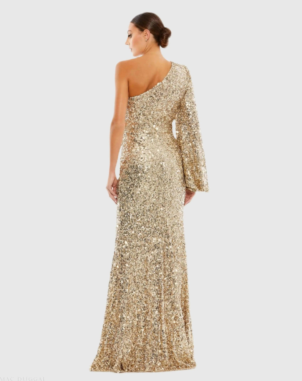 Gold Sequined One Shoulder Bishop Sleeve Trumpet Gown