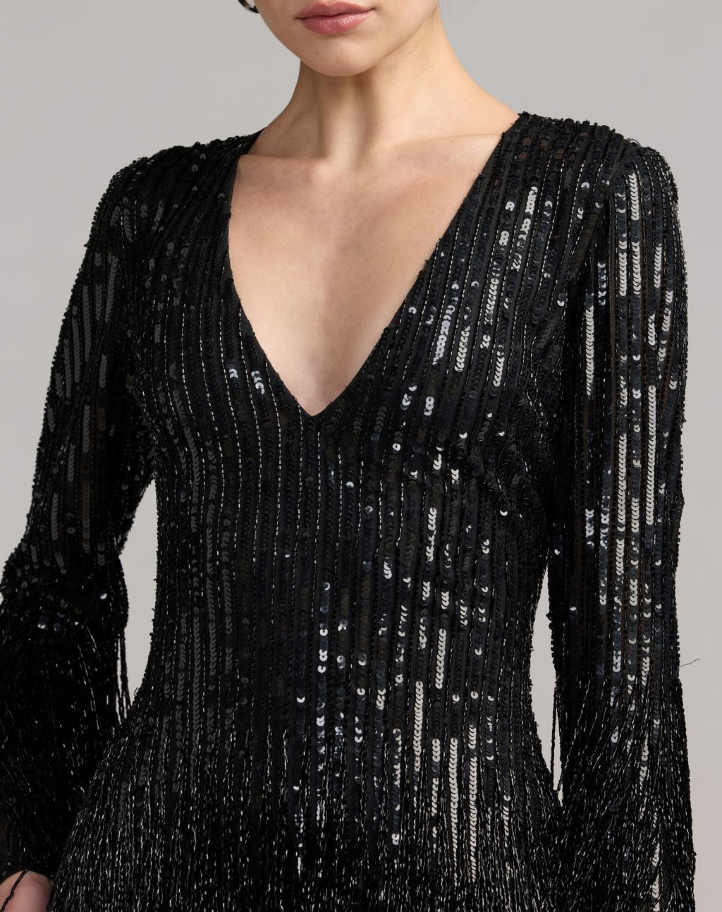 Black Long Sleeve V-Neck Beaded Fringe Mini Dress