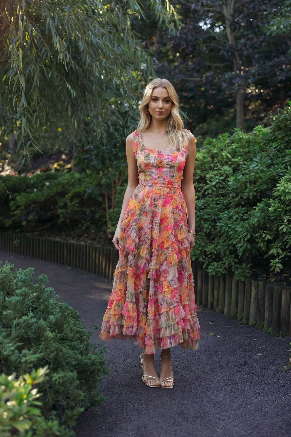 Multi Floral Scoop Neck A-Line Ruffle Midi Dress