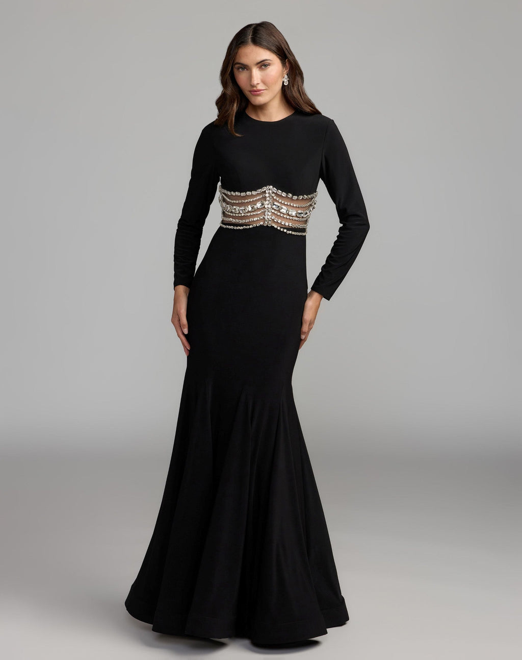 Black Long Sleeve Jersey Gown With Crystal Detail