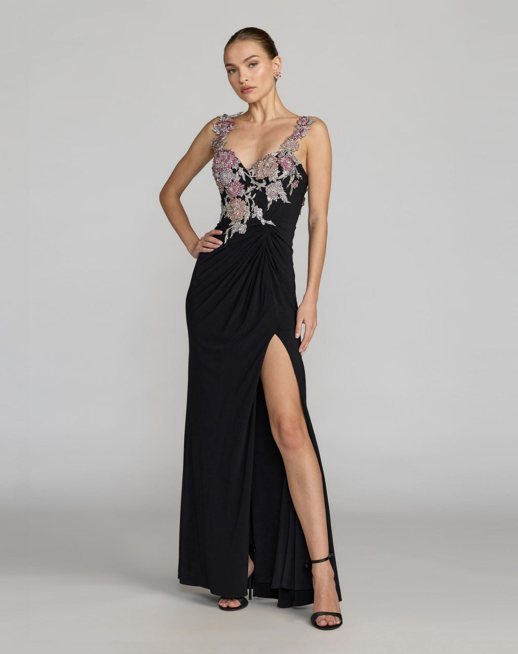Black Multi Sweetheart Jersey Gown With Beaded Flowers