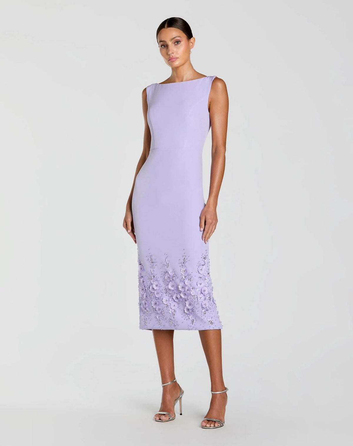 Lilac Crepe Sleeveless Midi Dress With Flower Beading