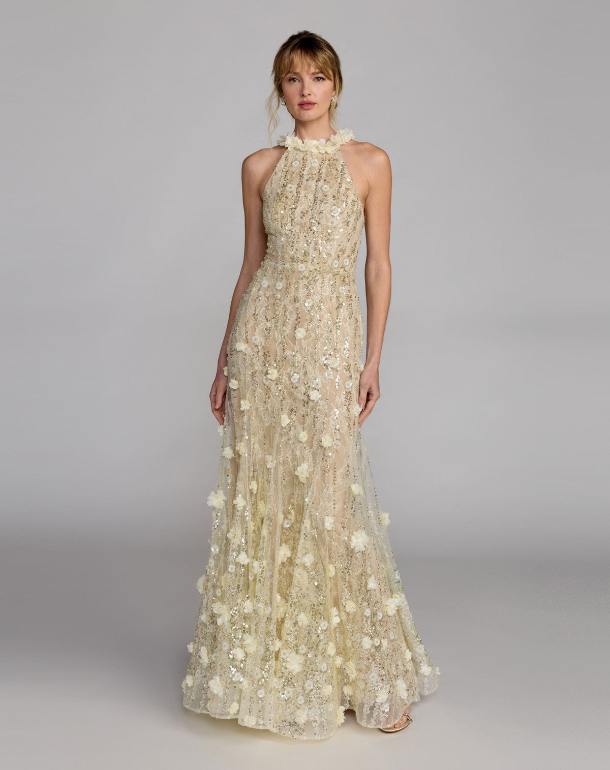 Butter Embellished Lace Halter Neck Mermaid Gown