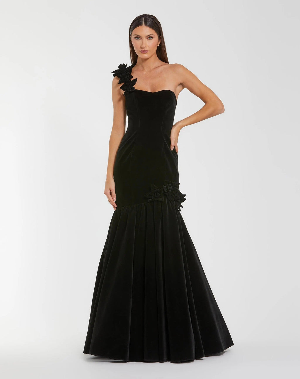 Black Velvet One Shoulder Trumpet Gown With Flowers