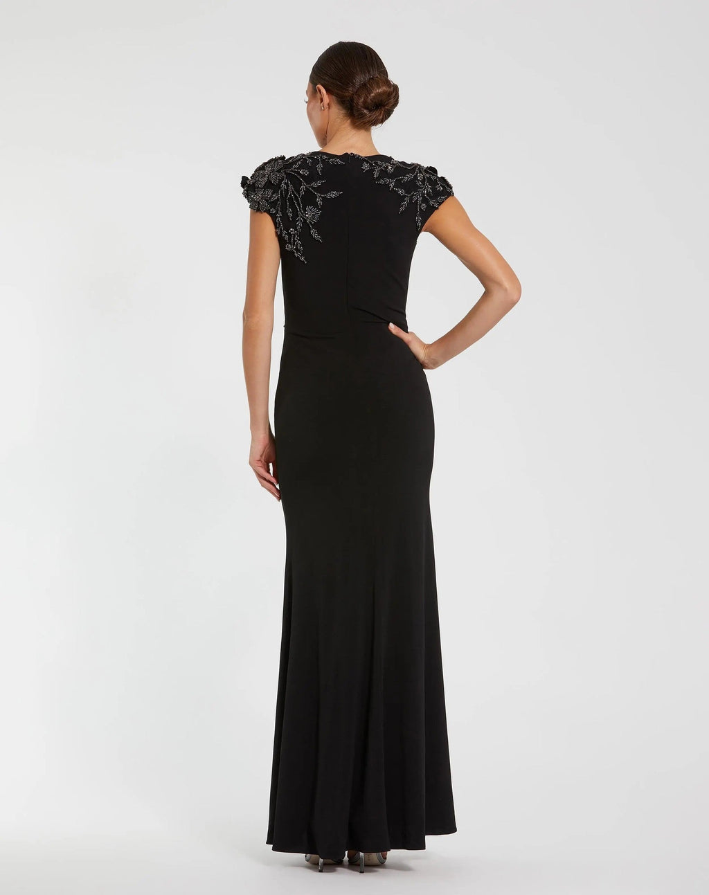 Black Multi Embellished Jersey Column Gown