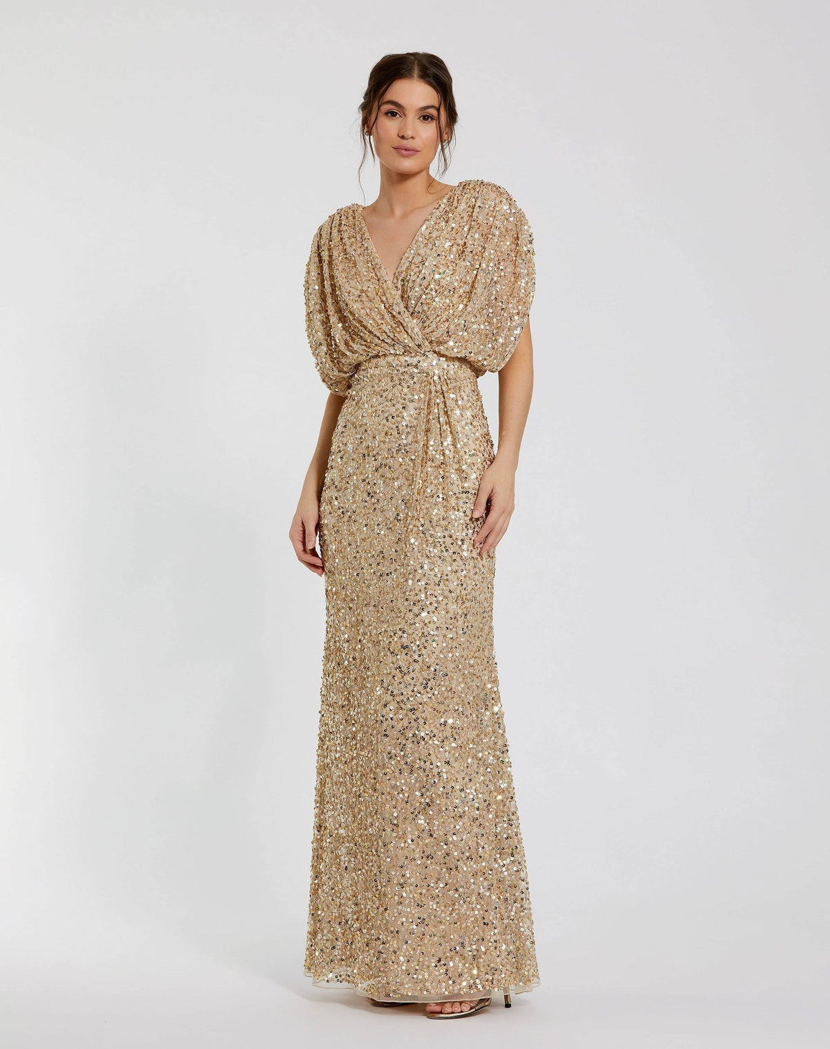 Draped Sleeve V Neck Gown