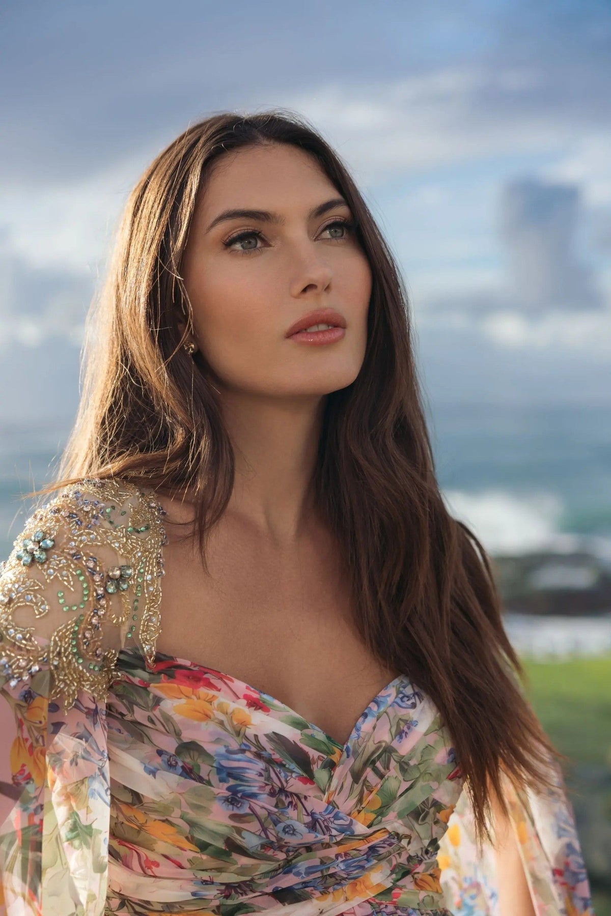 Pastel Multi Floral Gown With Beaded Cape Sleeves