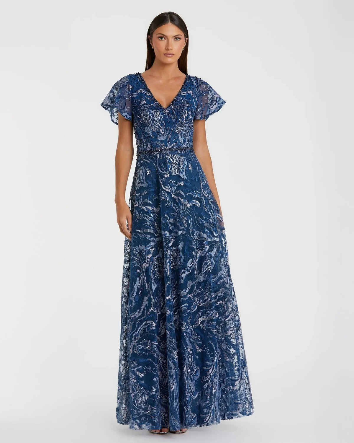 Navy Embellished Illusion Butterfly Sleeve A-Line Gown