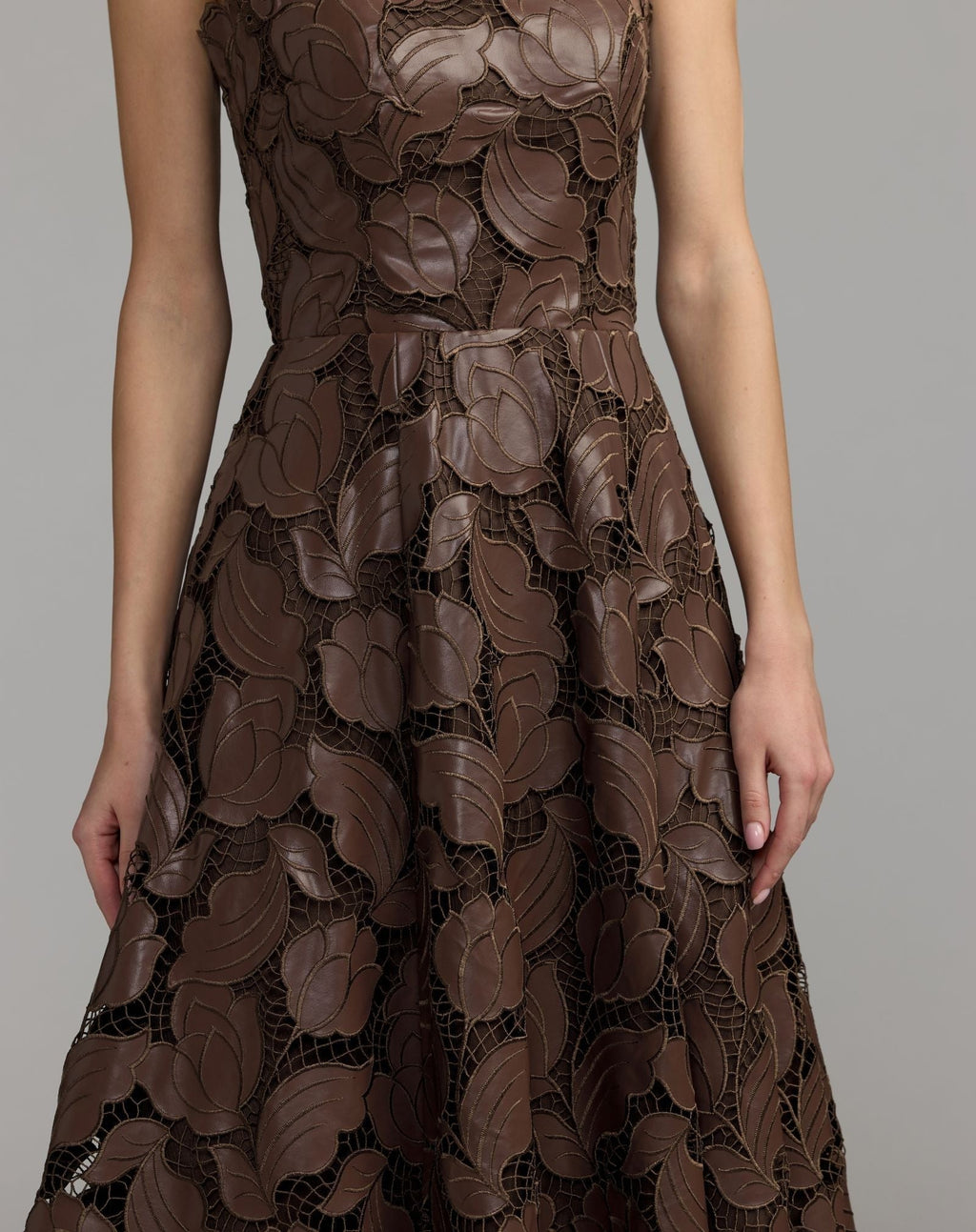 Chocolate Strapless Floral Leather A-Line Midi Dress