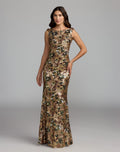 Chocolate Multi Floral Sequin Cowl Back Trumpet Gown